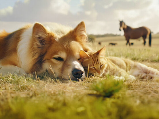 Hund und Katze kuscheln auf einer Wiese, im Hintergrund ist ein braunes Pferd